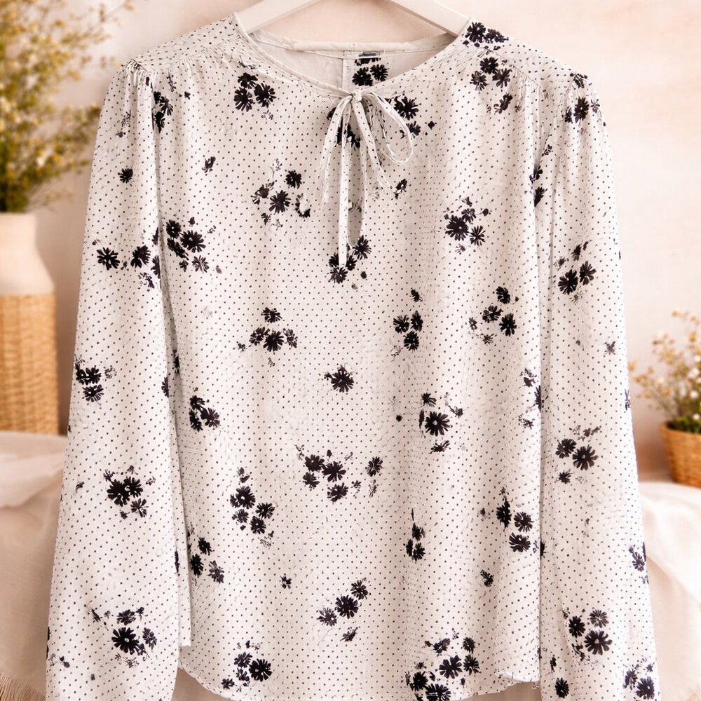 Black & White Floral Polka Dot Blouse - Never Worn